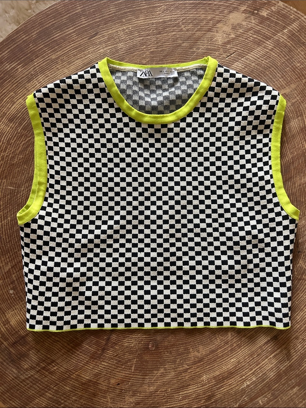 Zara Black & White Checkered Tank with Neon Yellow Trim Size Large